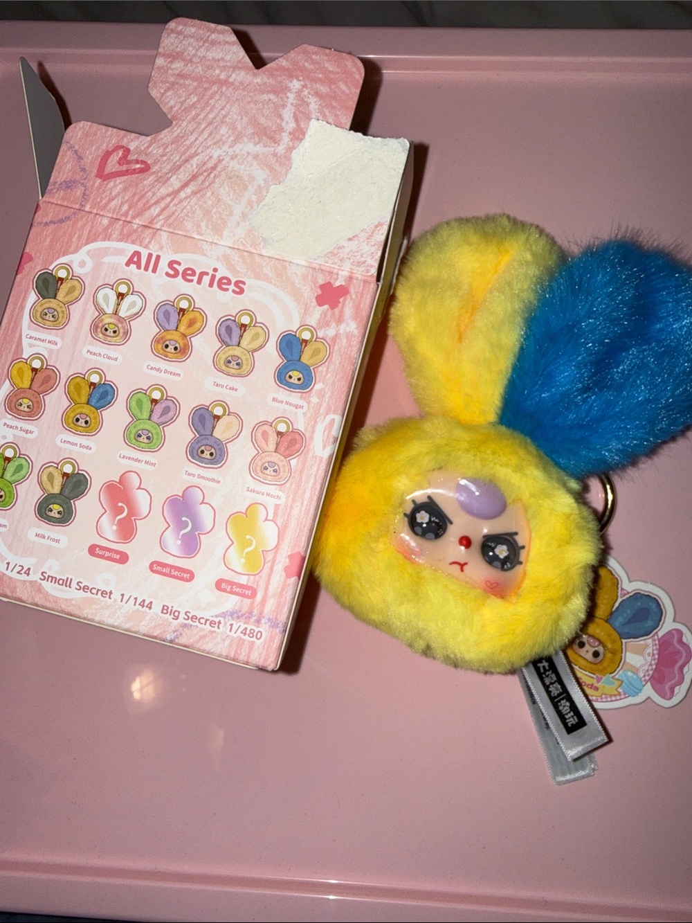 Plush Bunny Keychain - Yellow & Blue Faux Fur Charm -Blue Nougat-